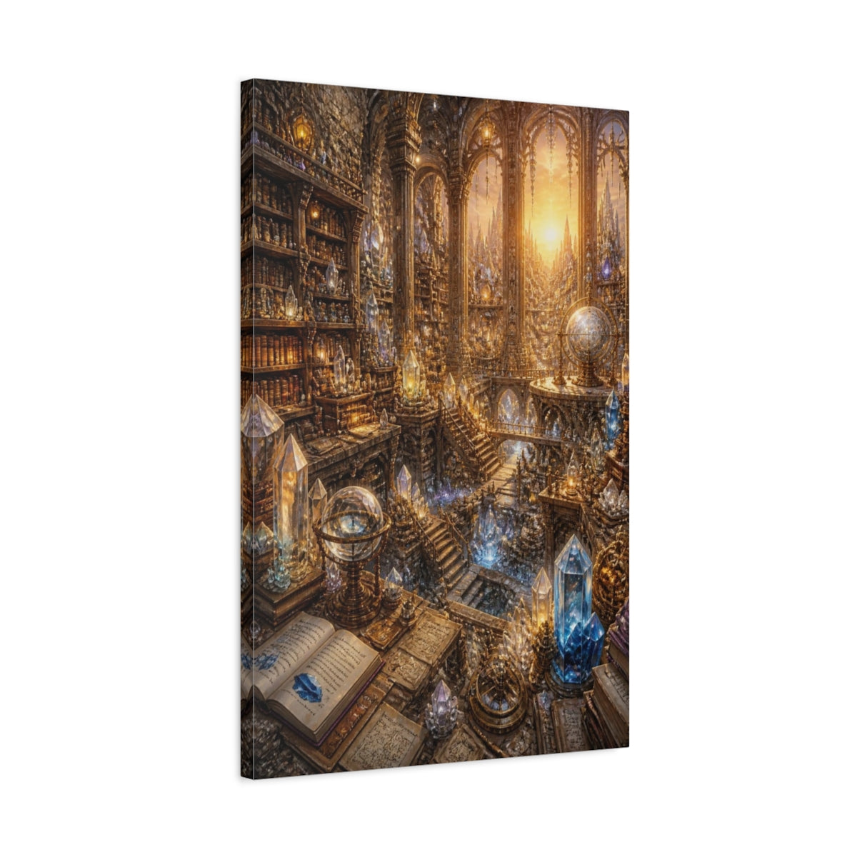 Side Mockup 2. Crystal Library At Sunrise shown as canvas print