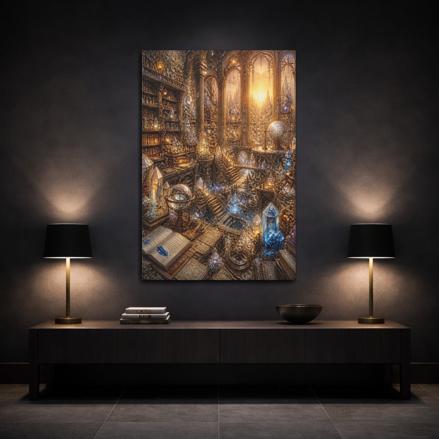 Mockup 3. Crystal Library At Sunrise shown as canvas print