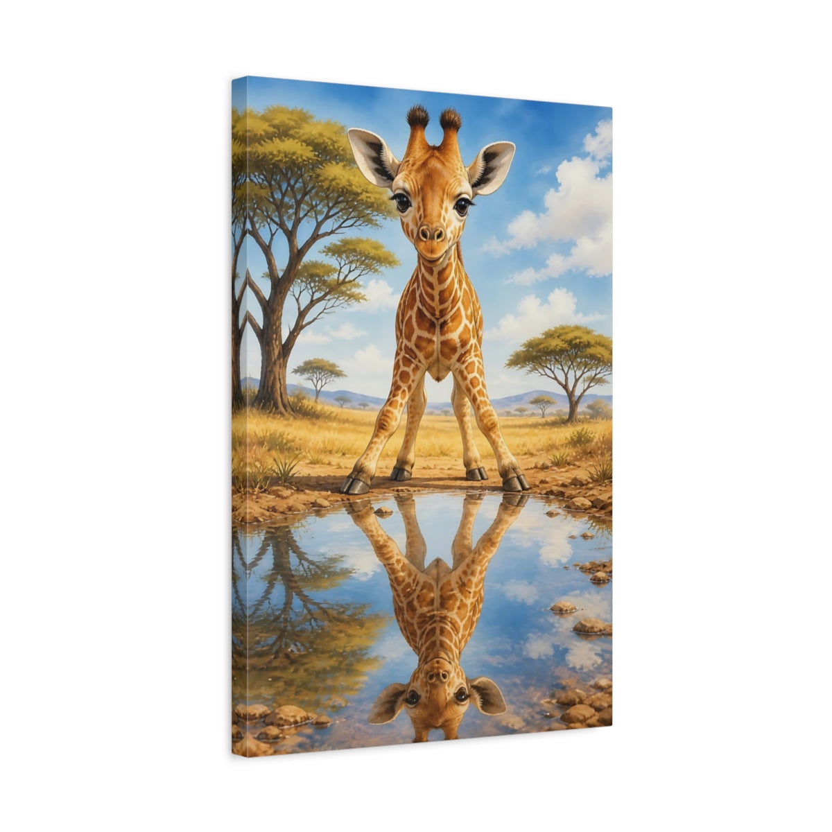 Side Mockup 3. Curious Baby Giraffe Reflection shown as canvas print