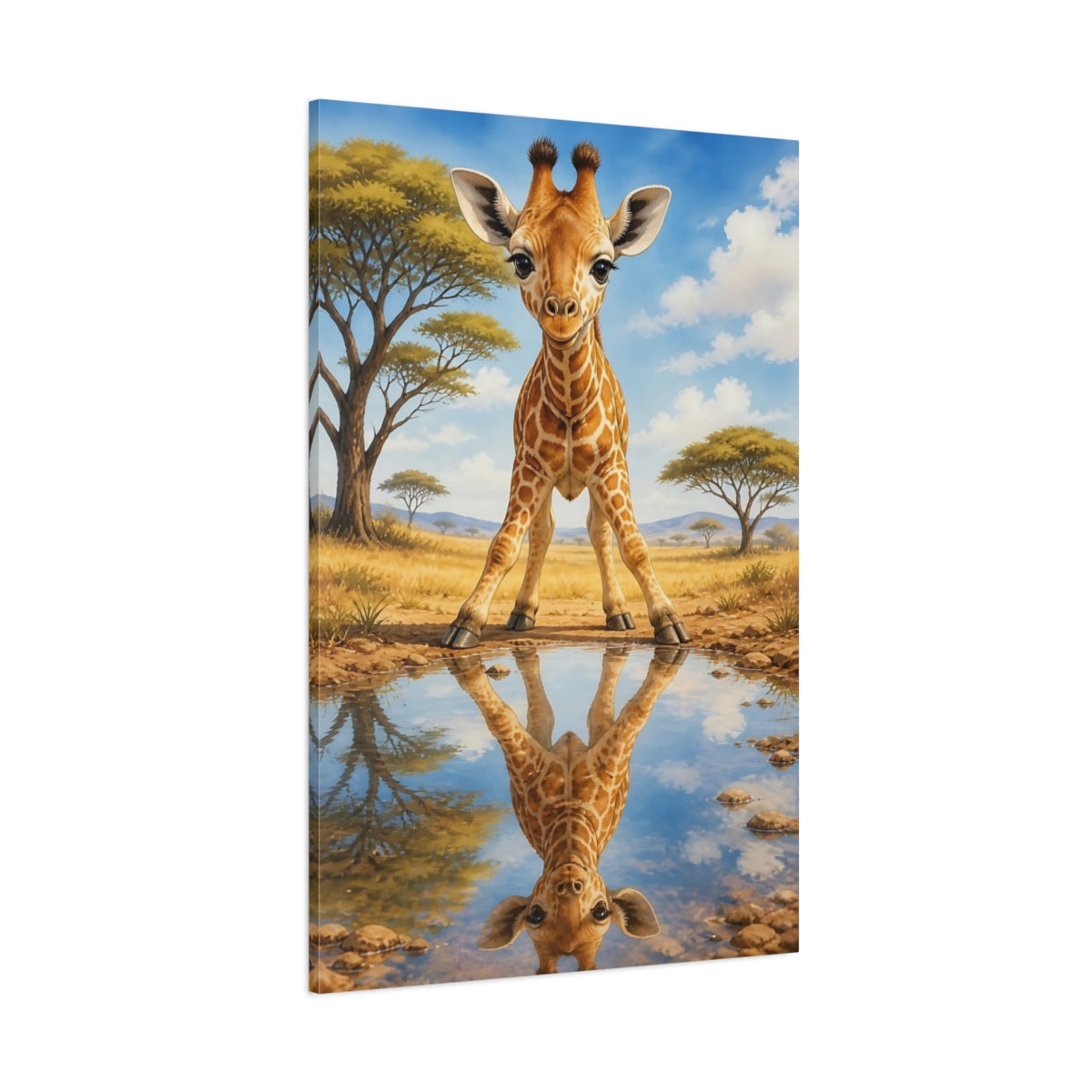 Side Mockup 1. Curious Baby Giraffe Reflection shown as canvas print