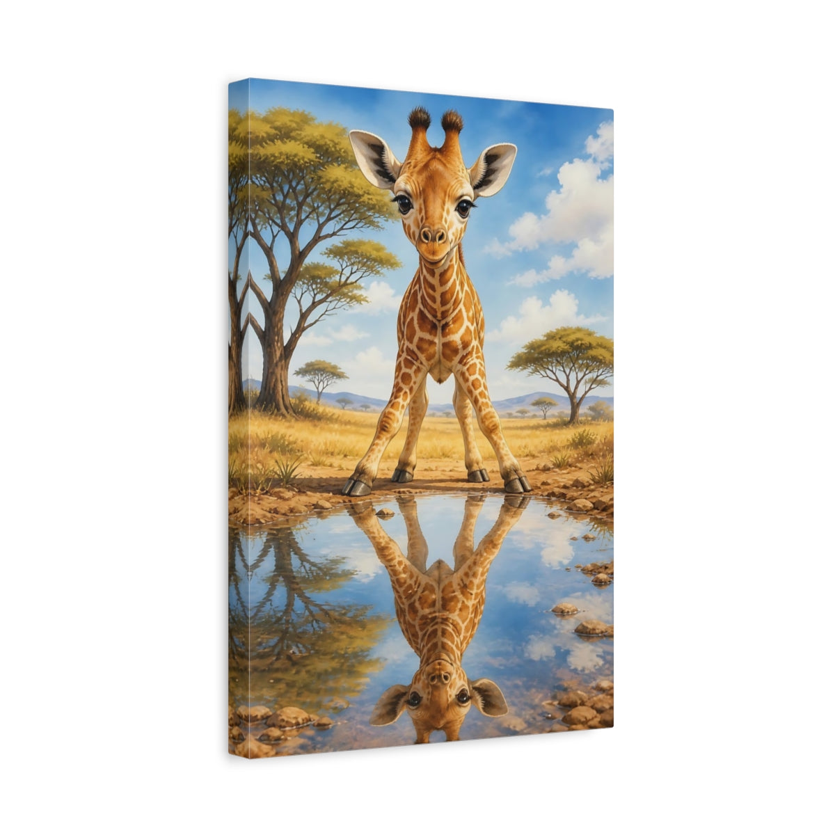 Side Mockup 4. Curious Baby Giraffe Reflection shown as canvas print