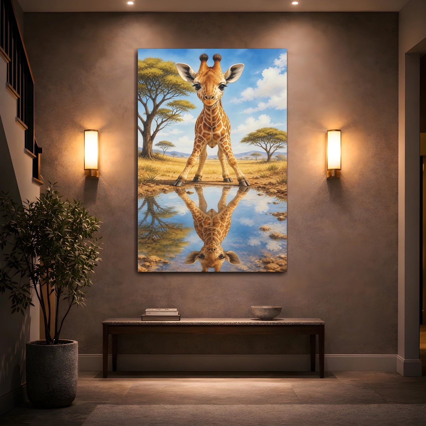 Mockup 2. Curious Baby Giraffe Reflection shown as canvas print