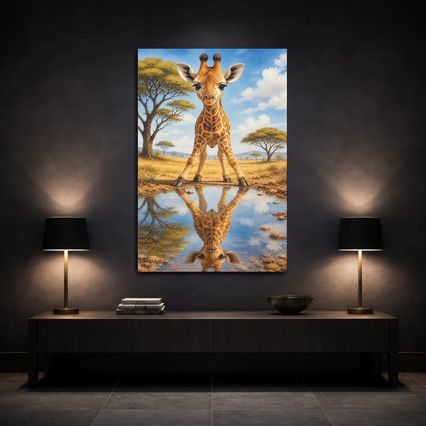 Mockup 3. Curious Baby Giraffe Reflection shown as canvas print
