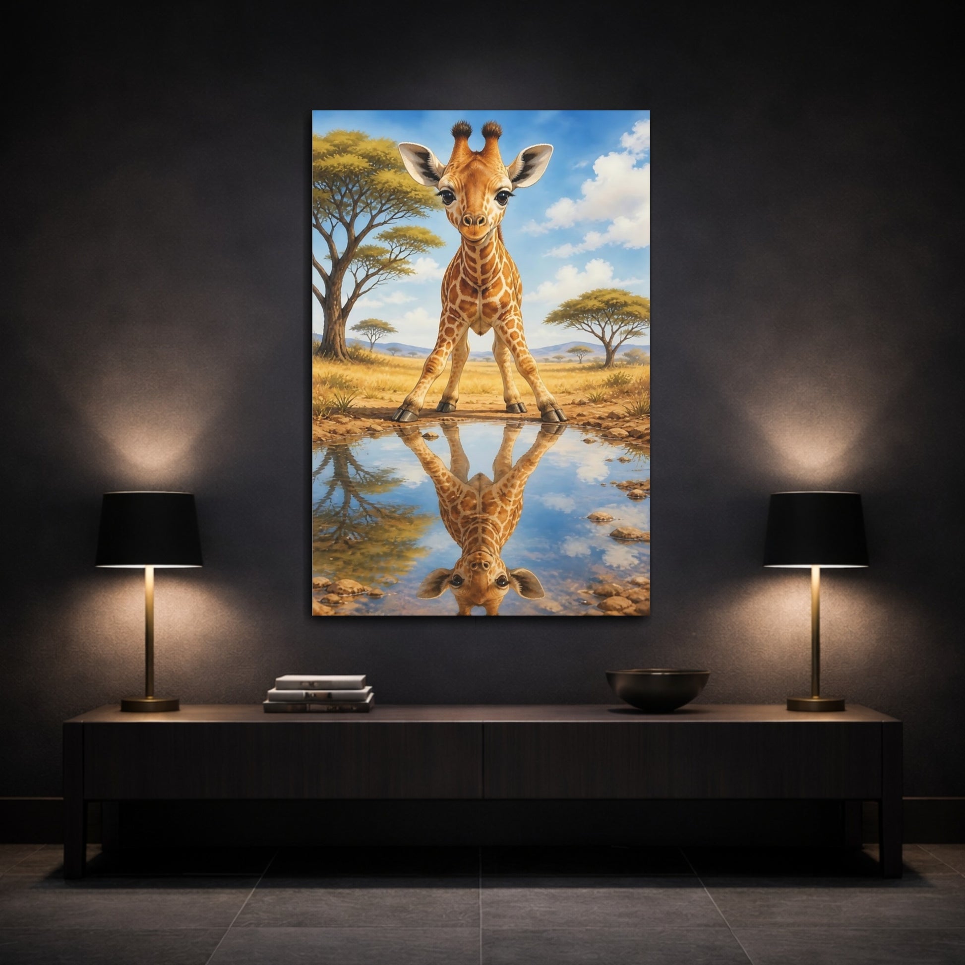 Mockup 3. Curious Baby Giraffe Reflection shown as canvas print