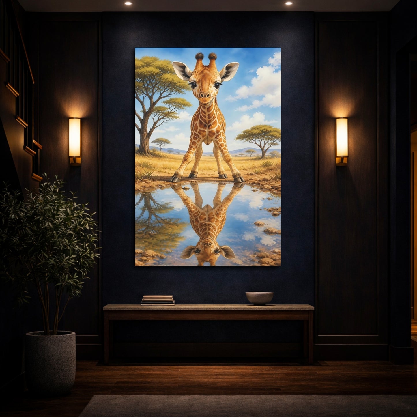 Mockup 4. Curious Baby Giraffe Reflection shown as canvas print