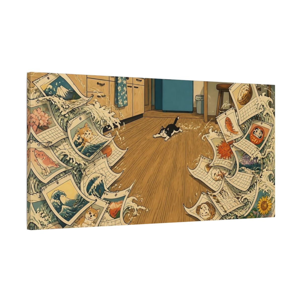Main Mockup. Curious Kitchen Cat shown as canvas print