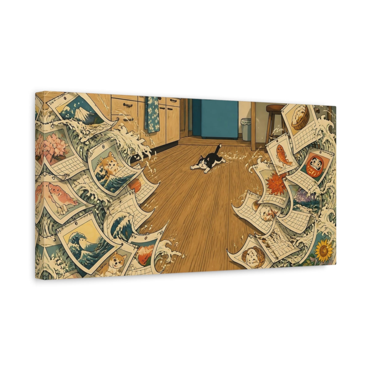Side Mockup 3. Curious Kitchen Cat shown as canvas print