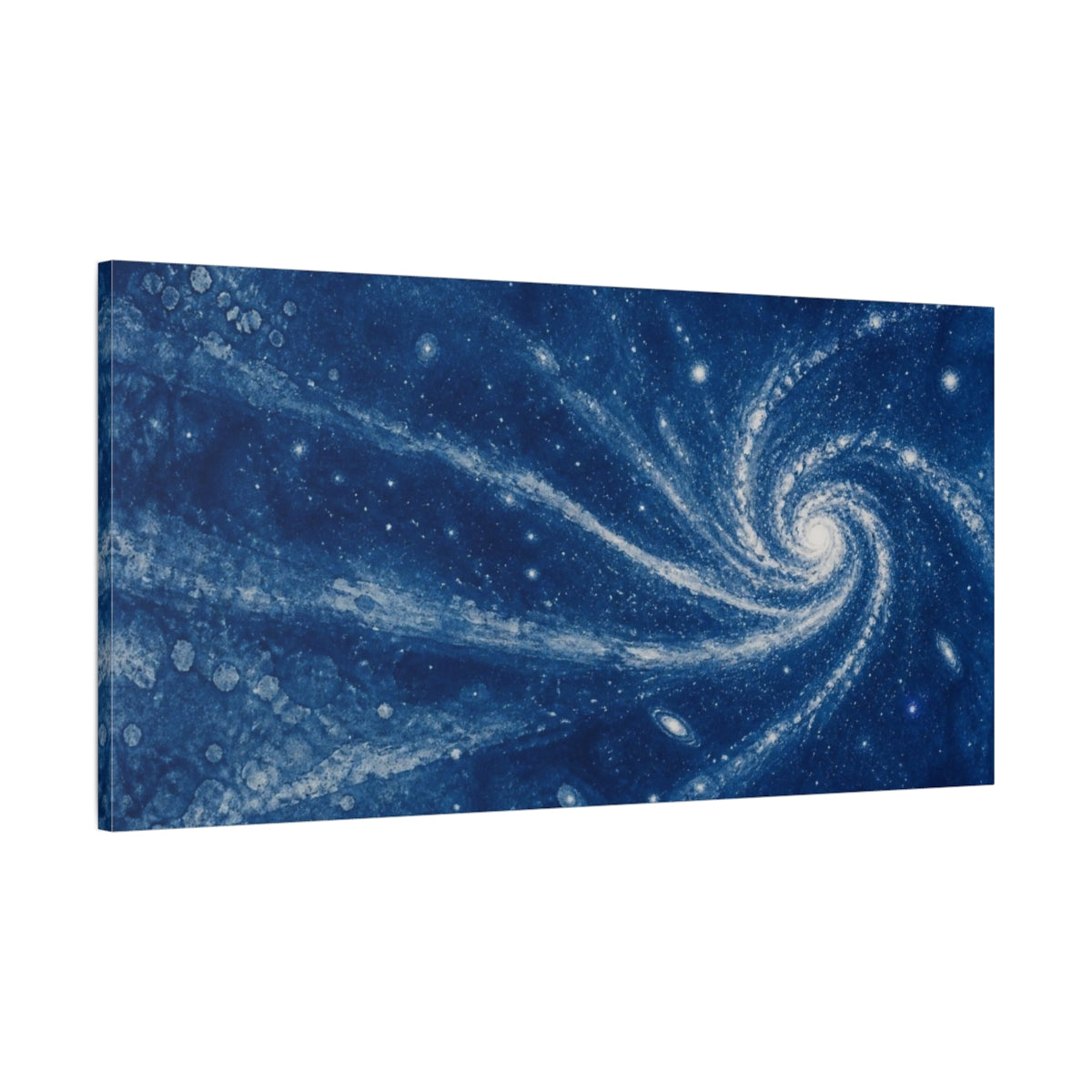 Main Mockup. Cyan Spiral Galaxy shown as canvas print
