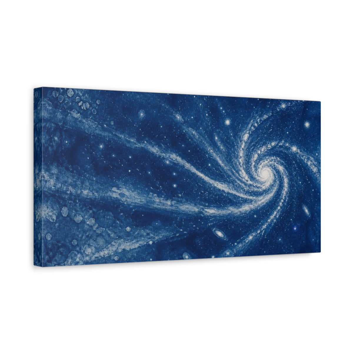 Side Mockup 3. Cyan Spiral Galaxy shown as canvas print