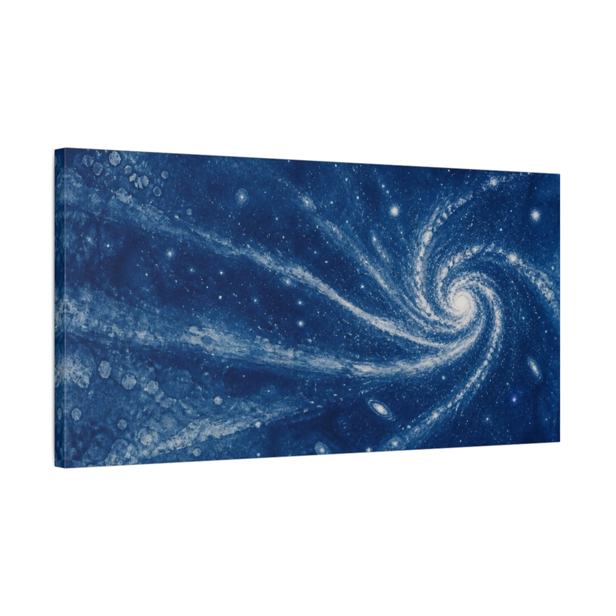 Side Mockup 1. Cyan Spiral Galaxy shown as canvas print