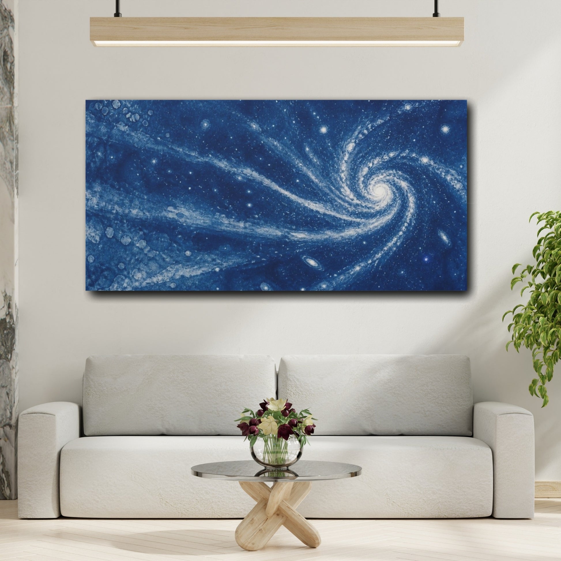 Mockup 2. Cyan Spiral Galaxy shown as canvas print