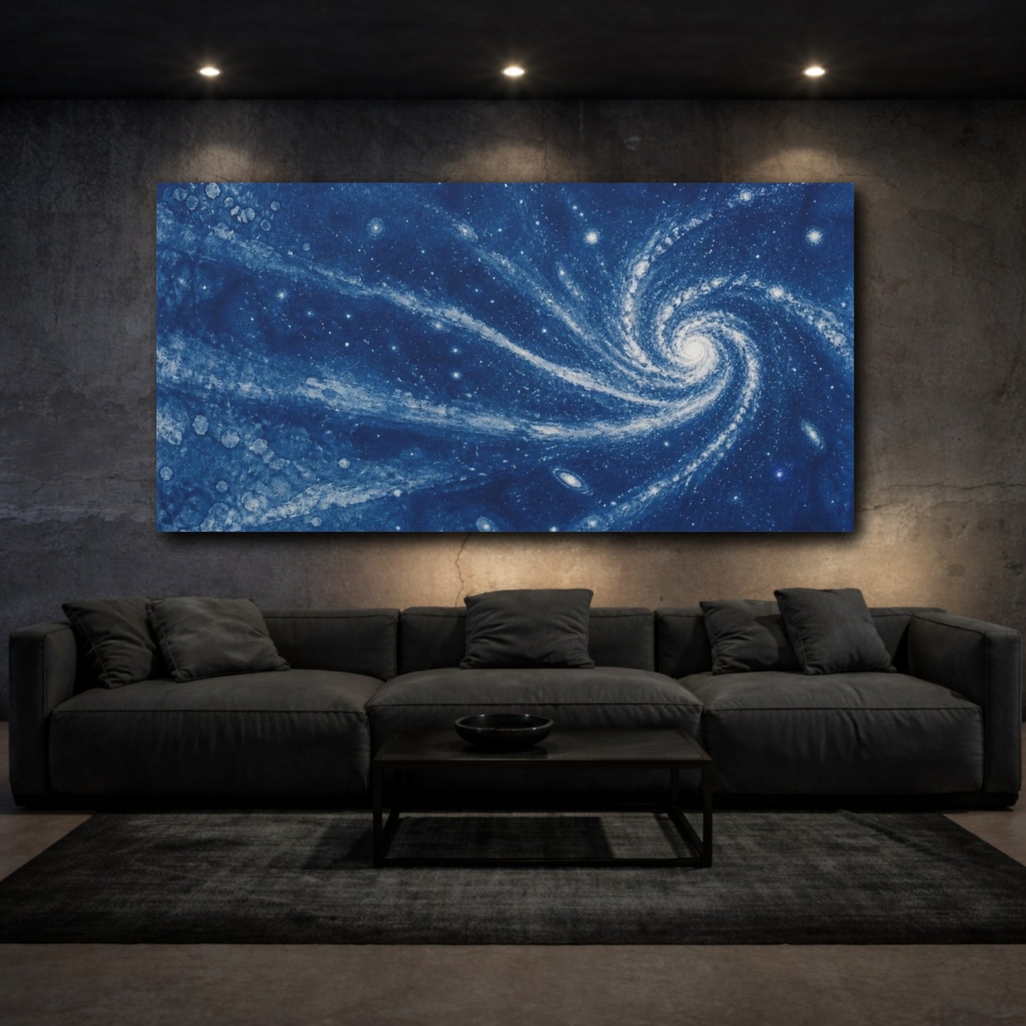 Mockup 3. Cyan Spiral Galaxy shown as canvas print