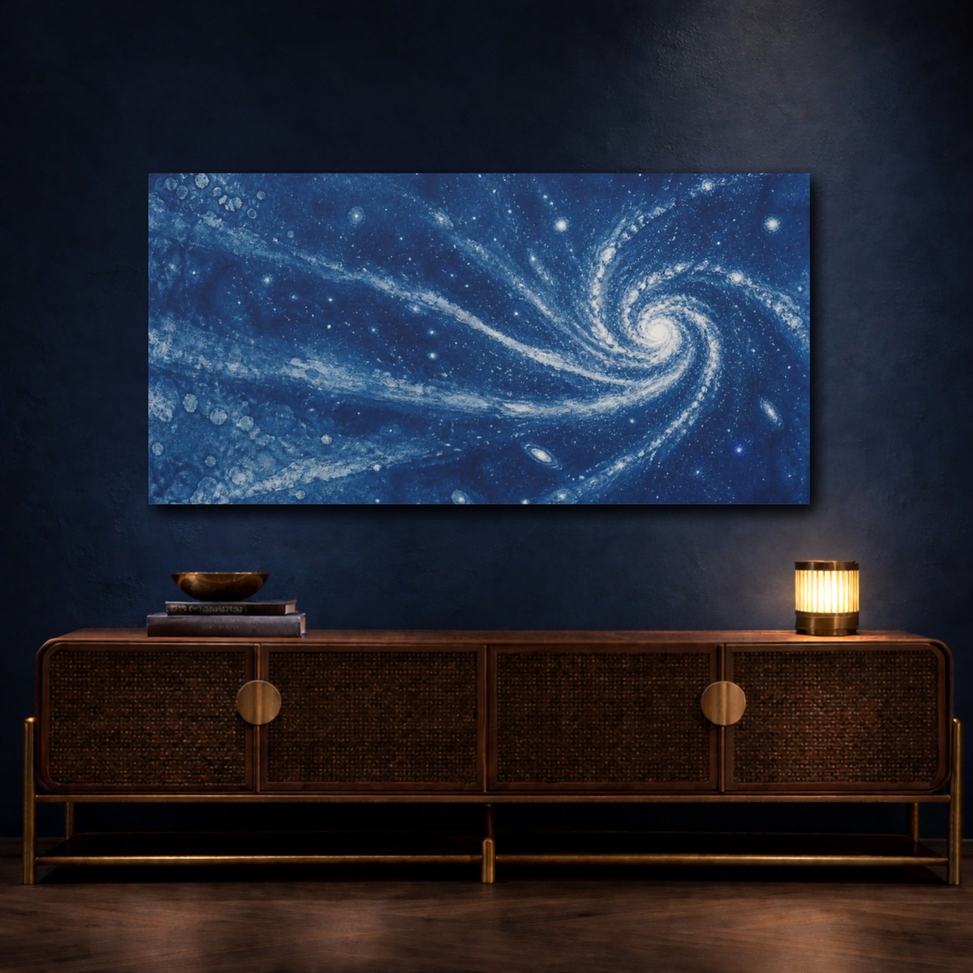 Mockup 4. Cyan Spiral Galaxy shown as canvas print