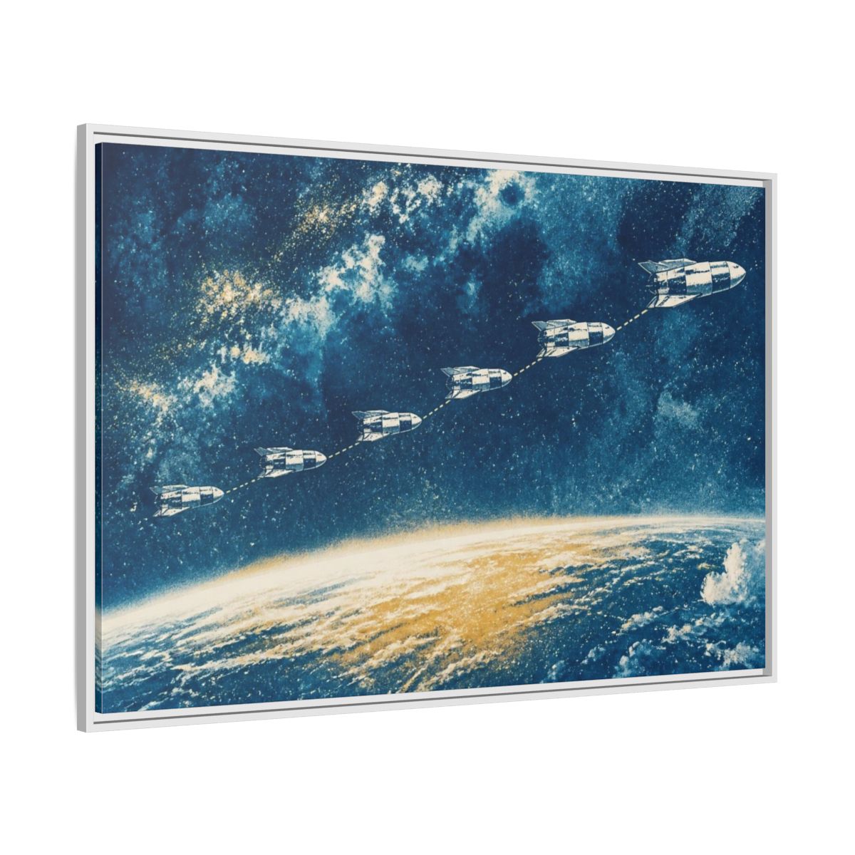 Side Mockup 7. Cyanotype Rocket Flight shown as framed canvas print