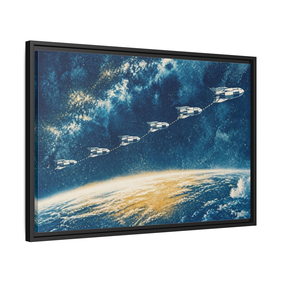 Side Mockup 14. Cyanotype Rocket Flight shown as framed canvas print