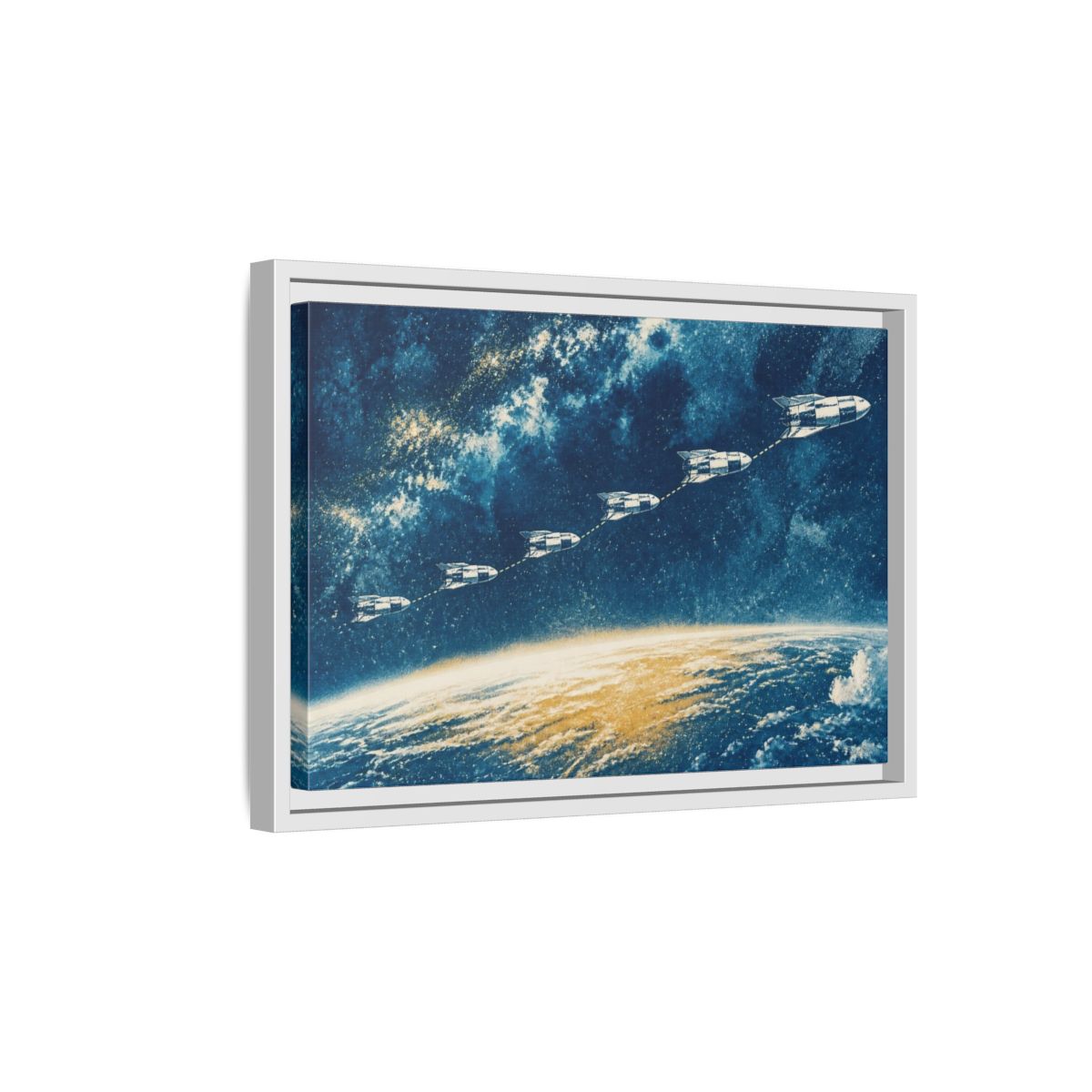 Side Mockup 4. Cyanotype Rocket Flight shown as framed canvas print