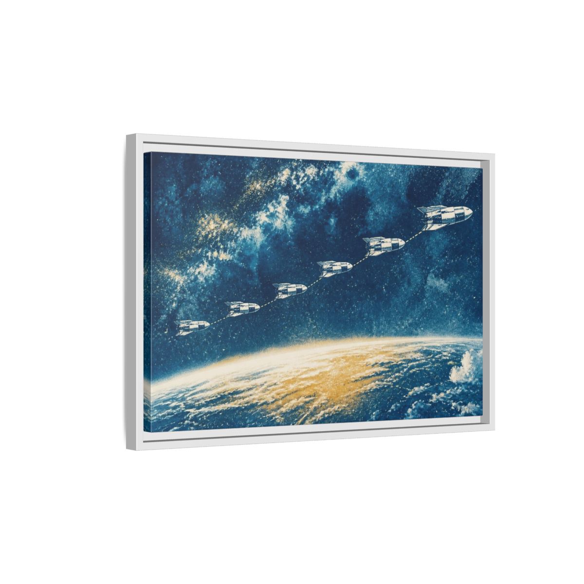 Side Mockup 1. Cyanotype Rocket Flight shown as framed canvas print