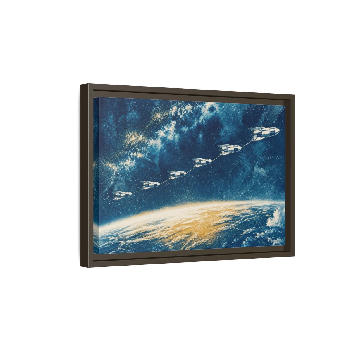 Side Mockup 5. Cyanotype Rocket Flight shown as framed canvas print