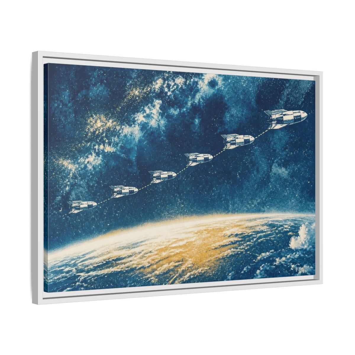 Side Mockup 10. Cyanotype Rocket Flight shown as framed canvas print