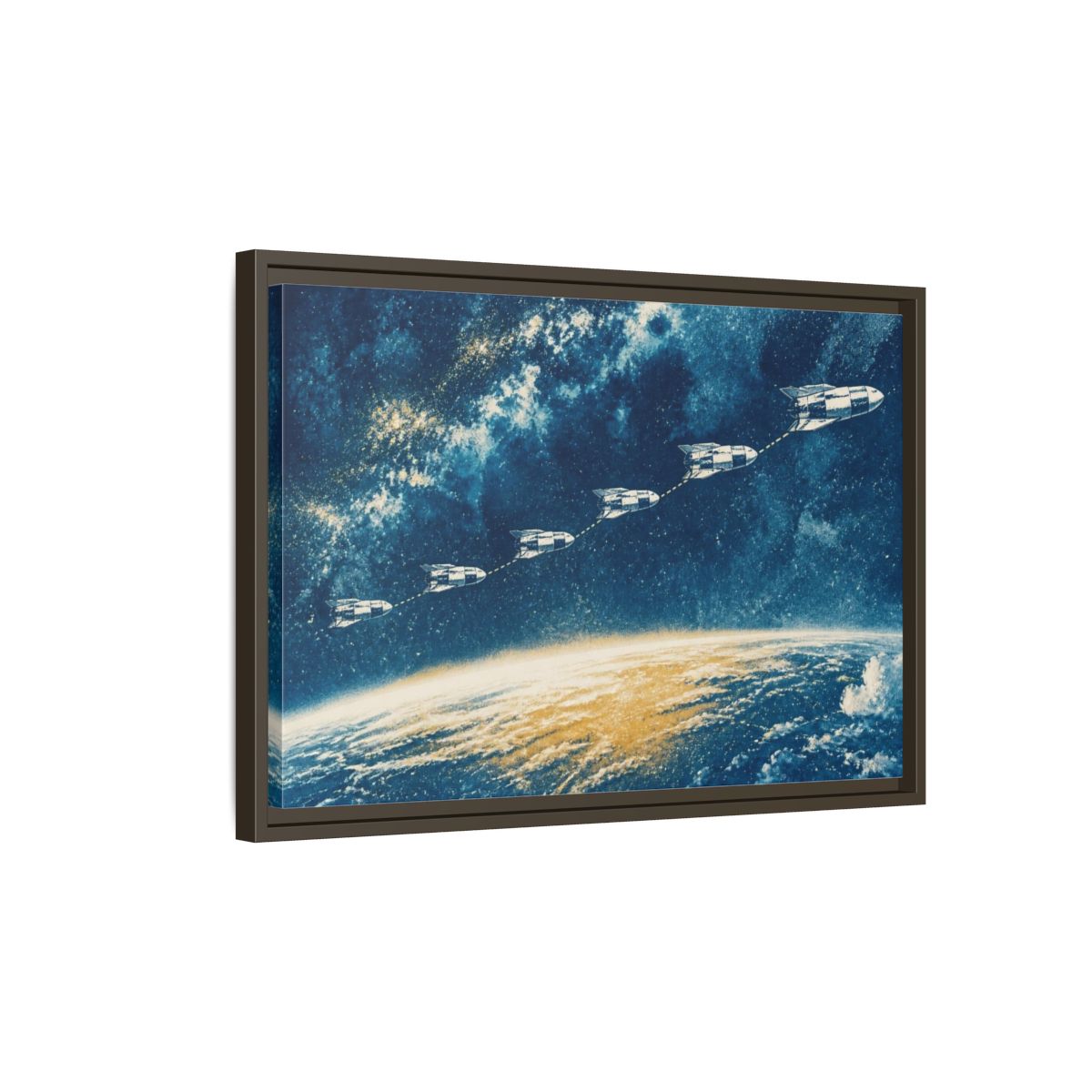 Side Mockup 2. Cyanotype Rocket Flight shown as framed canvas print