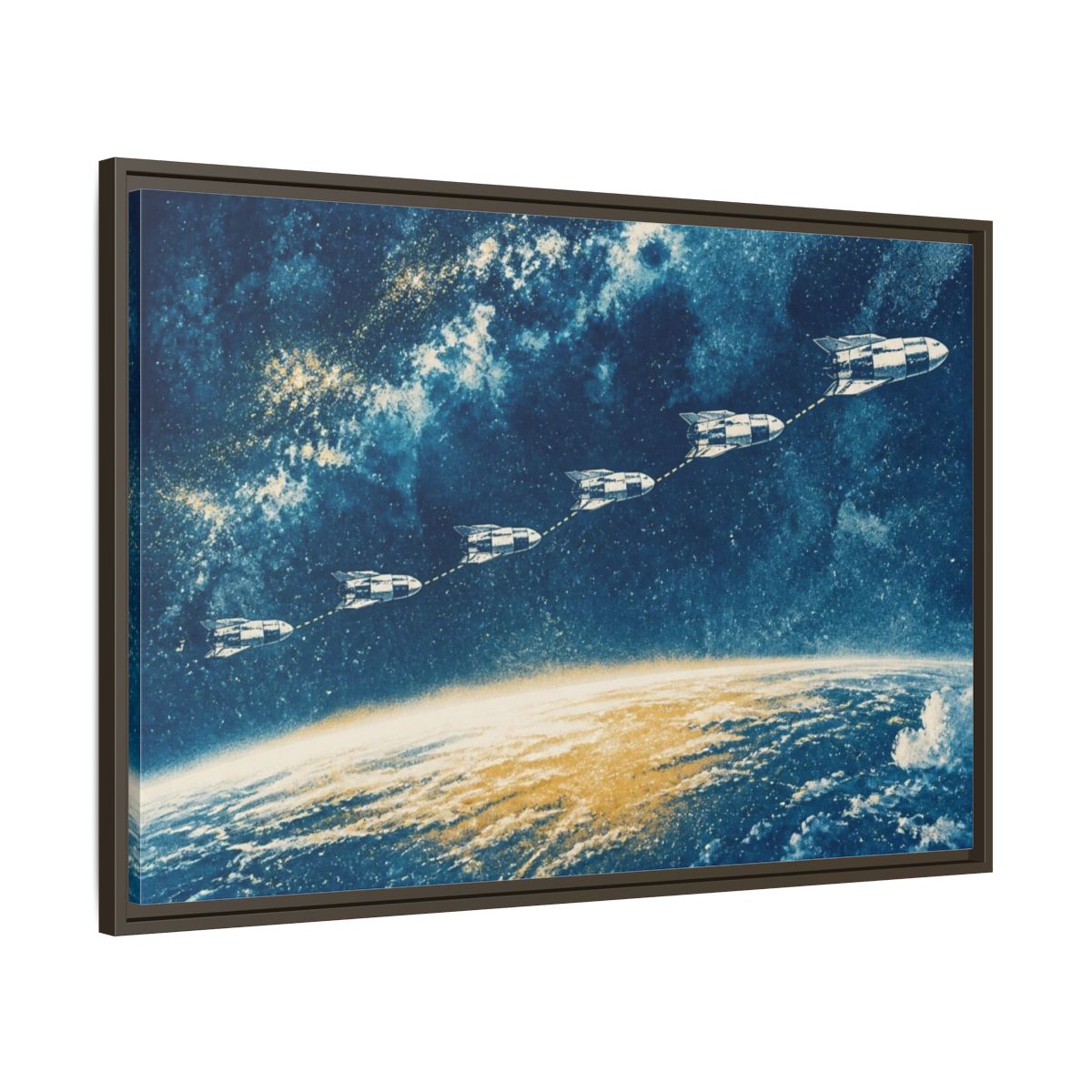 Main Mockup. Cyanotype Rocket Flight shown as framed canvas print