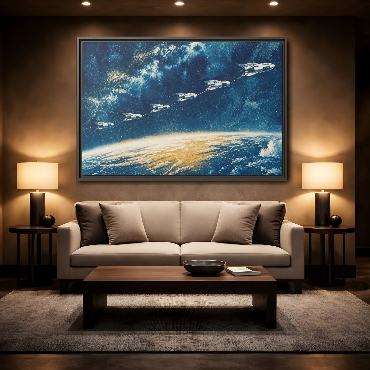 Mockup 2. Cyanotype Rocket Flight shown as framed canvas print