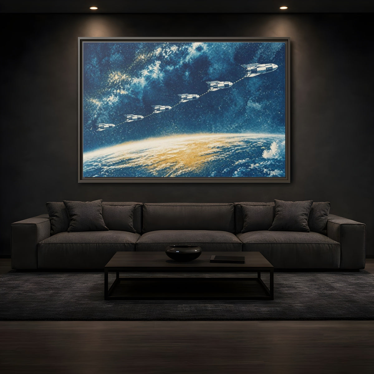 Mockup 3. Cyanotype Rocket Flight shown as framed canvas print