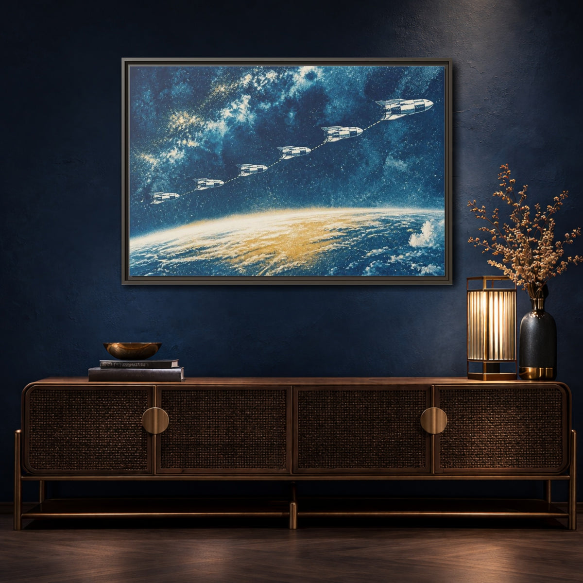 Mockup 4. Cyanotype Rocket Flight shown as framed canvas print