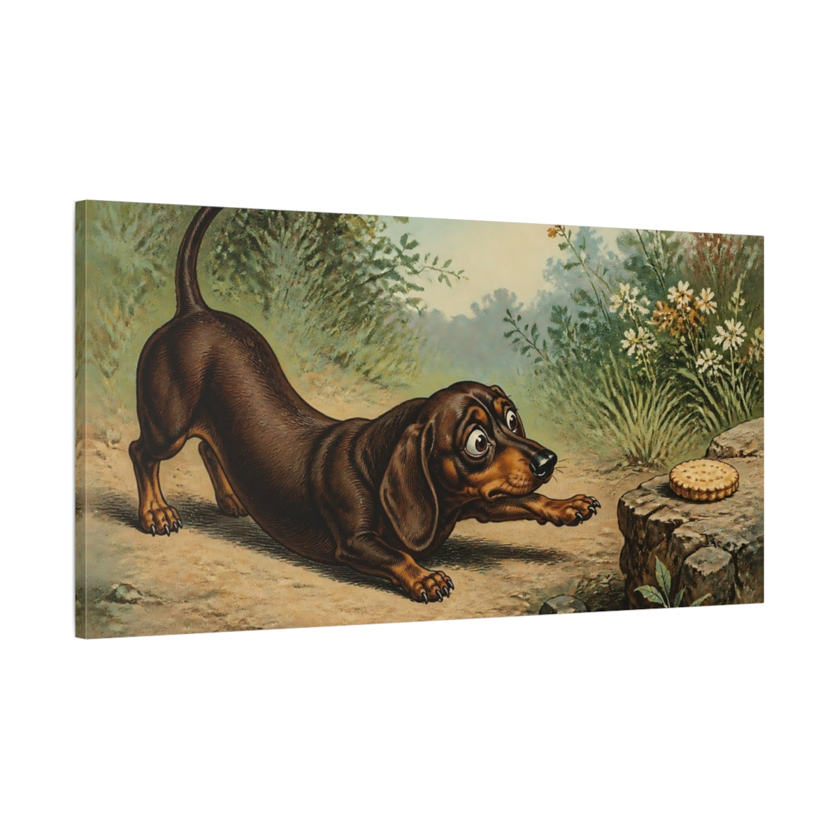 Main Mockup. Dachshund And Biscuit shown as canvas print