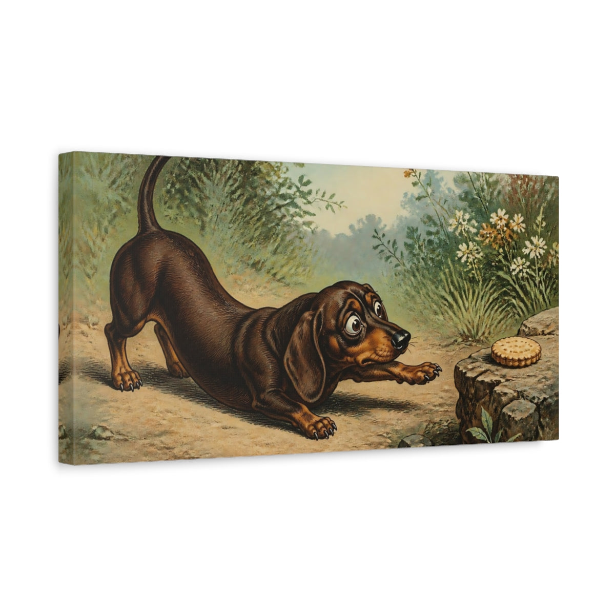 Side Mockup 3. Dachshund And Biscuit shown as canvas print