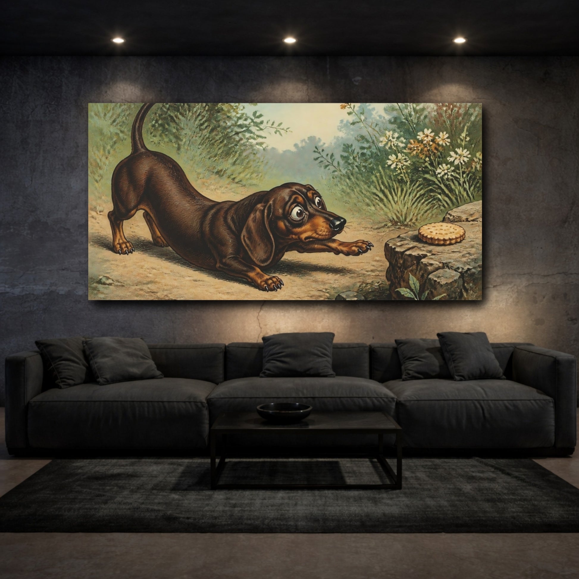 Mockup 3. Dachshund And Biscuit shown as canvas print