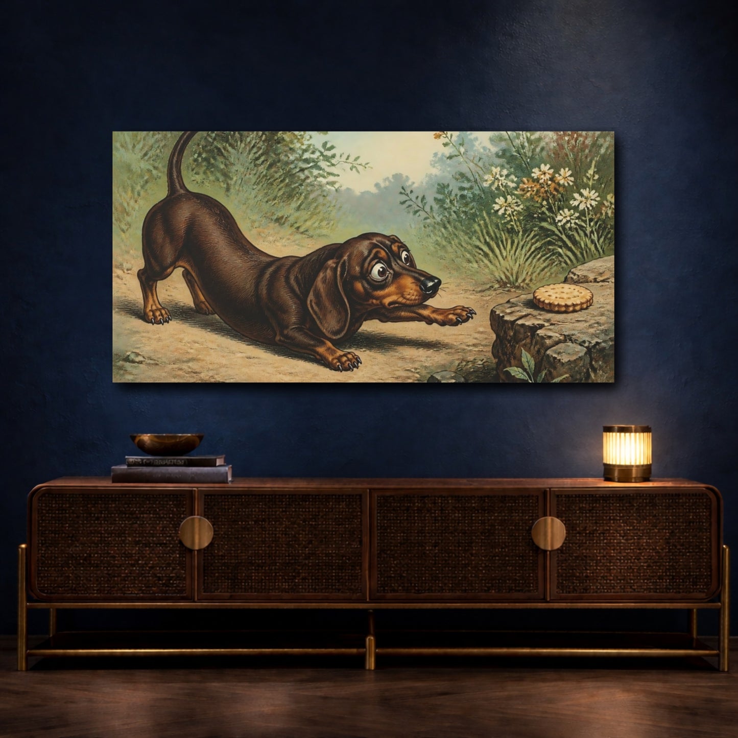 Mockup 4. Dachshund And Biscuit shown as canvas print