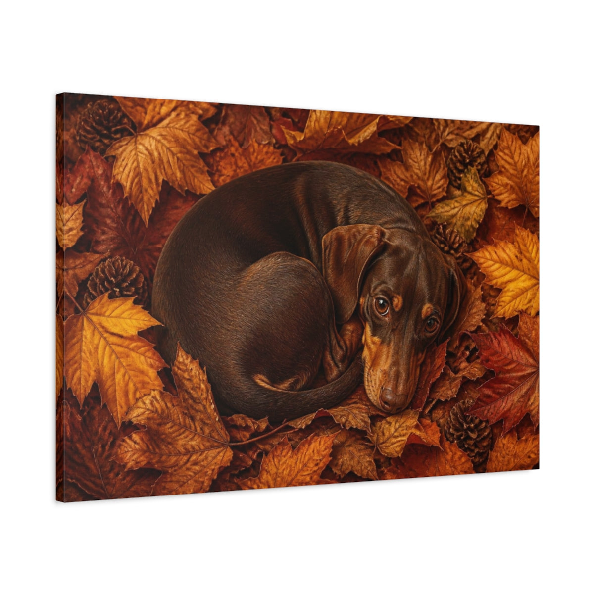 Main Mockup. Dachshund Pets Autumn Curl shown as canvas print