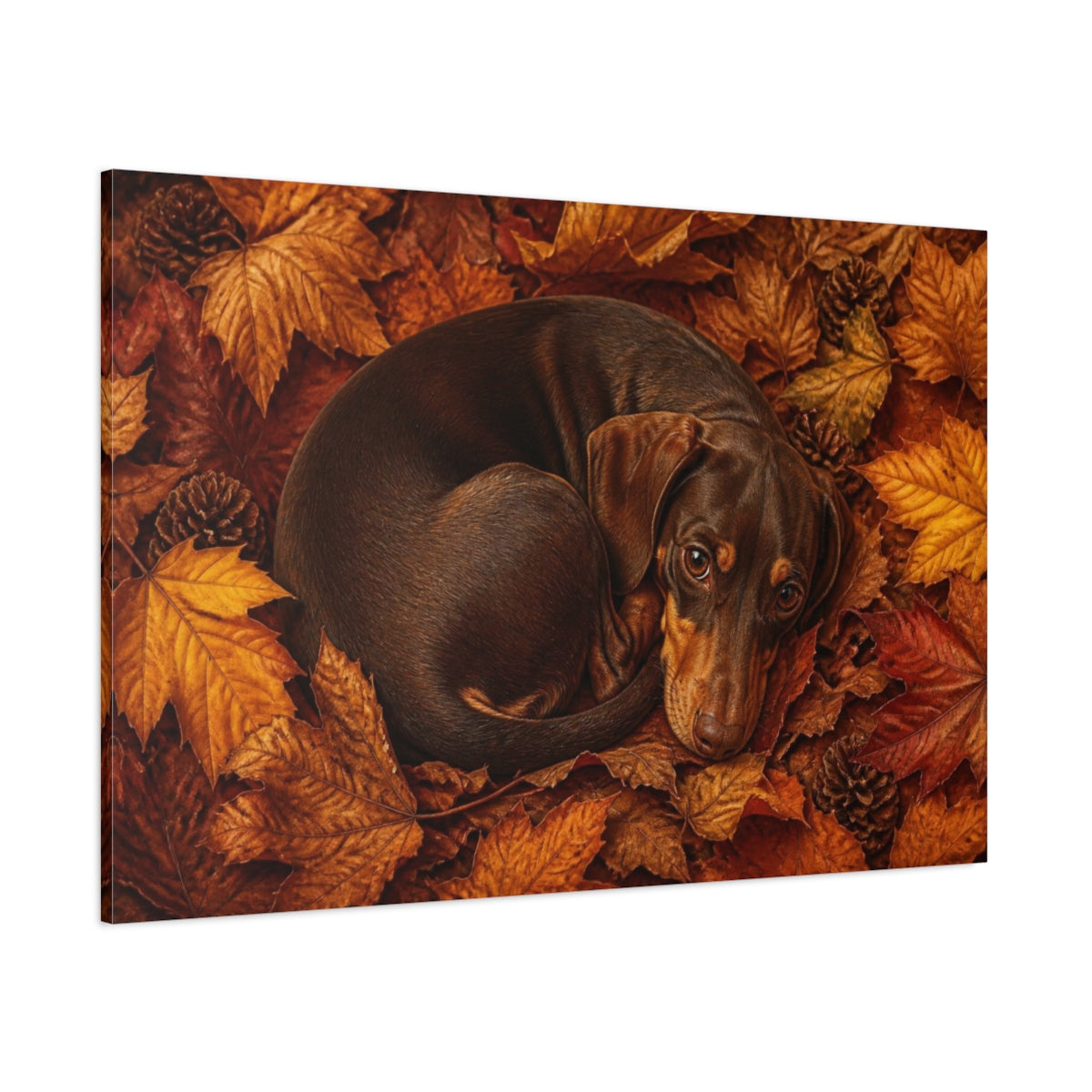 Side Mockup 1. Dachshund Pets Autumn Curl shown as canvas print