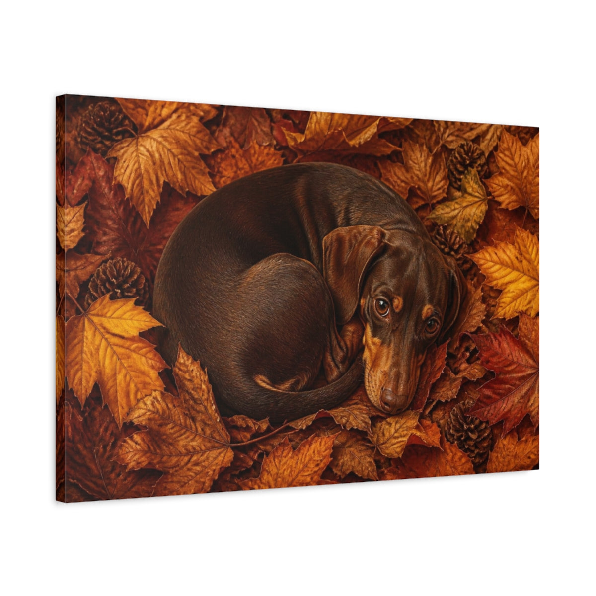 Side Mockup 2. Dachshund Pets Autumn Curl shown as canvas print