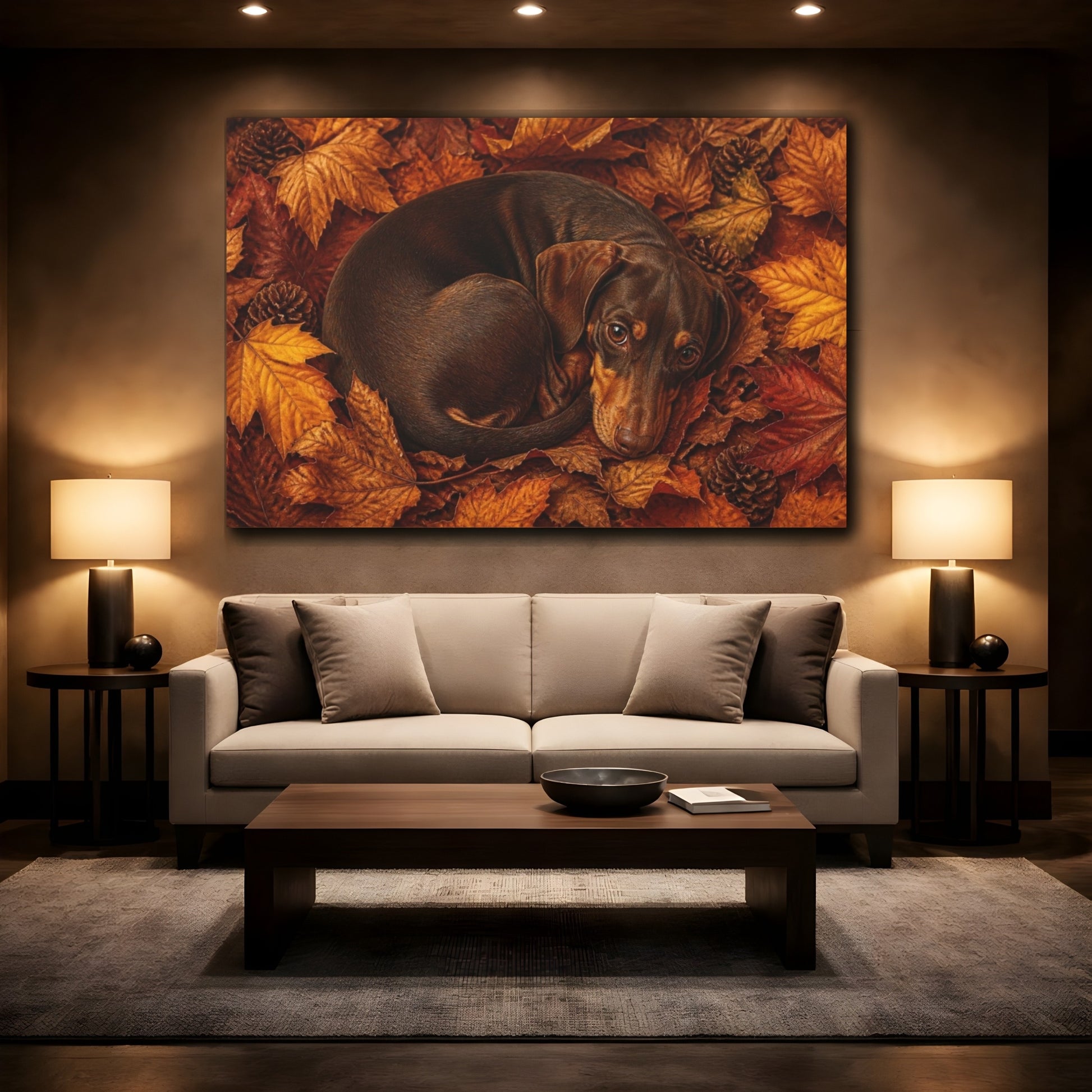 Mockup 2. Dachshund Pets Autumn Curl shown as canvas print