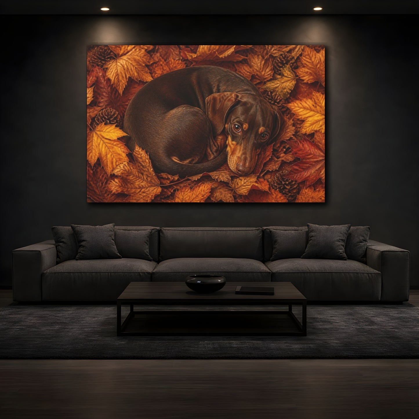 Mockup 3. Dachshund Pets Autumn Curl shown as canvas print