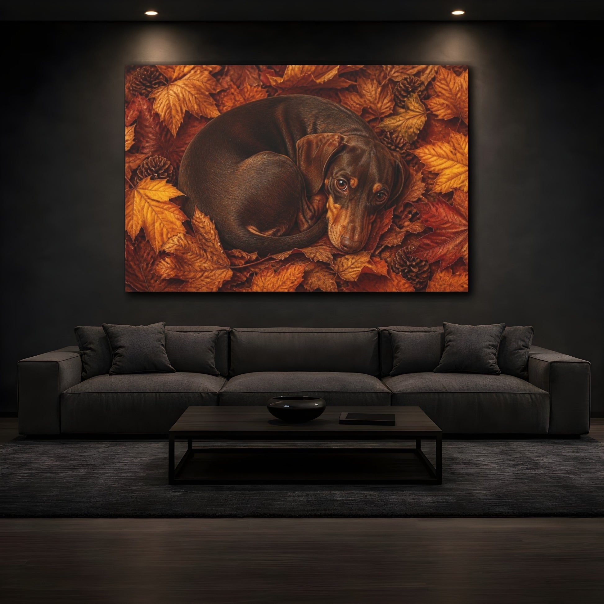 Mockup 3. Dachshund Pets Autumn Curl shown as canvas print
