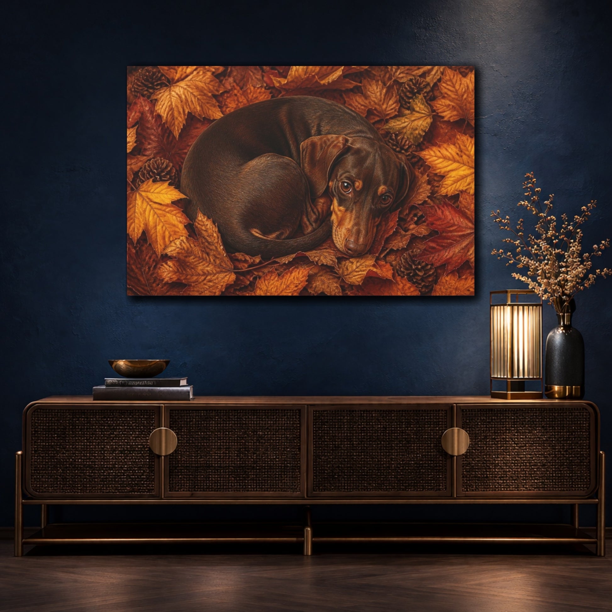 Mockup 4. Dachshund Pets Autumn Curl shown as canvas print