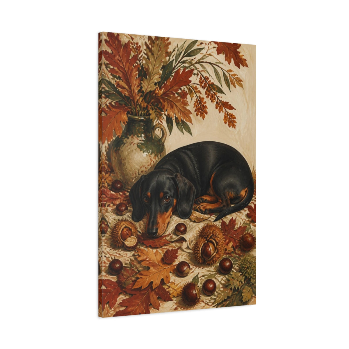 Main Mockup. Dachshund Pets In Autumn shown as canvas print
