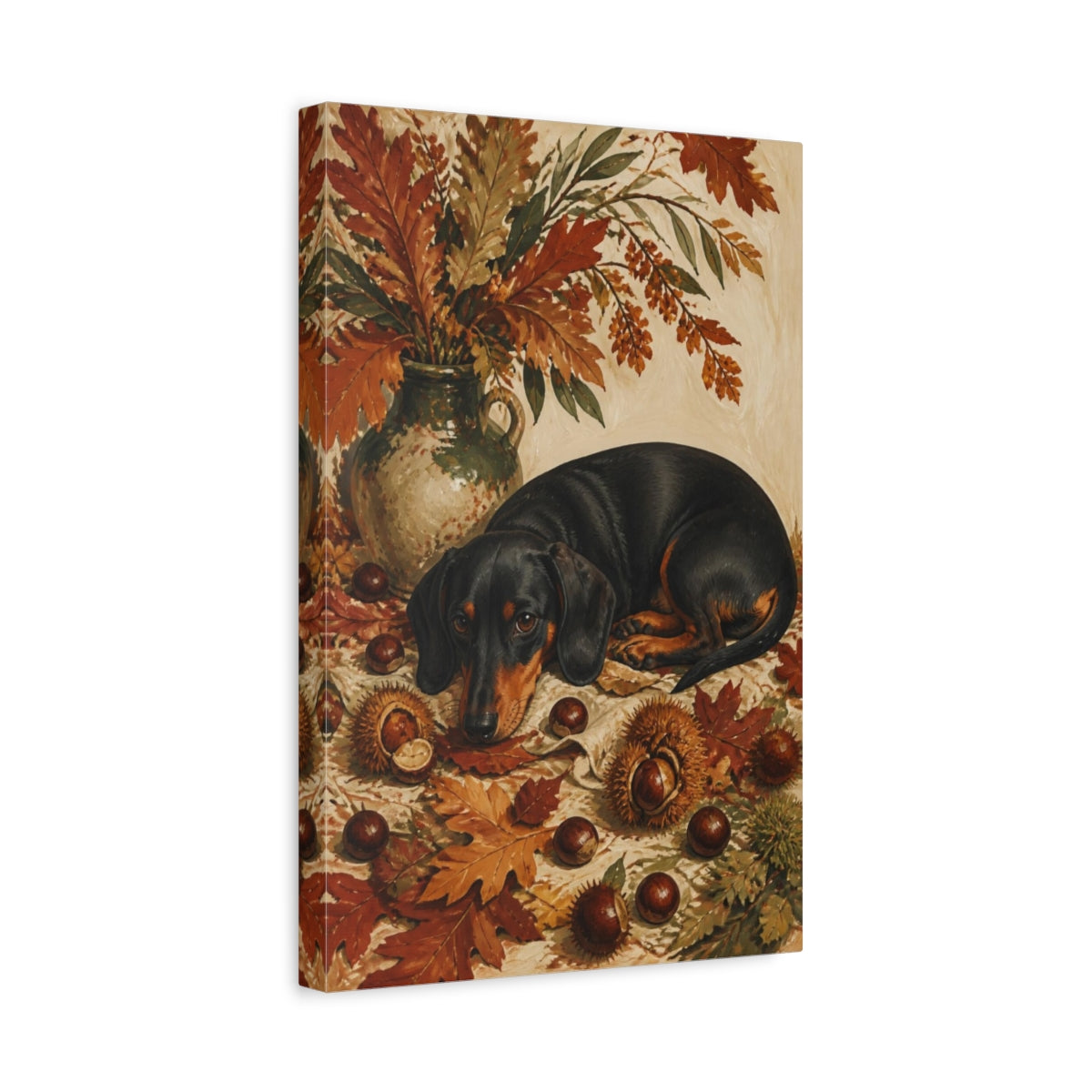 Side Mockup 4. Dachshund Pets In Autumn shown as canvas print