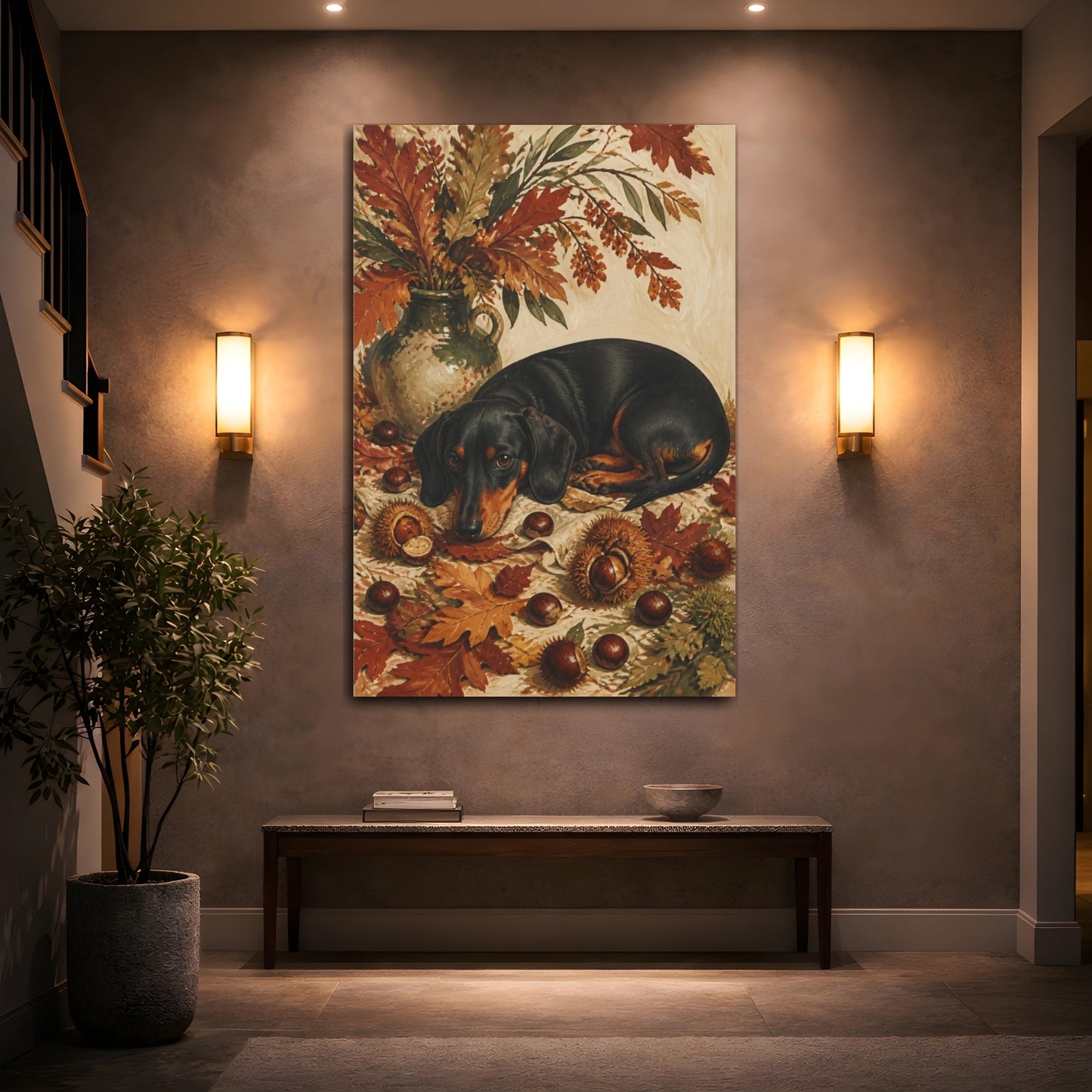 Mockup 2. Dachshund Pets In Autumn shown as canvas print