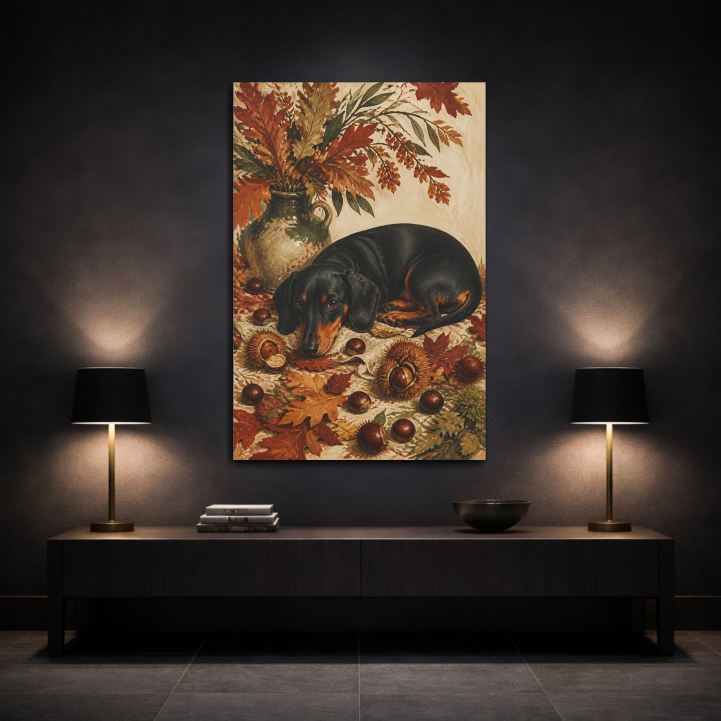 Mockup 3. Dachshund Pets In Autumn shown as canvas print