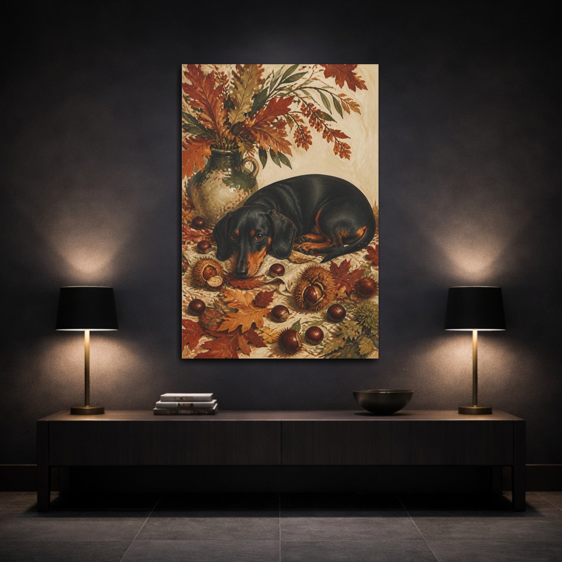 Mockup 3. Dachshund Pets In Autumn shown as canvas print