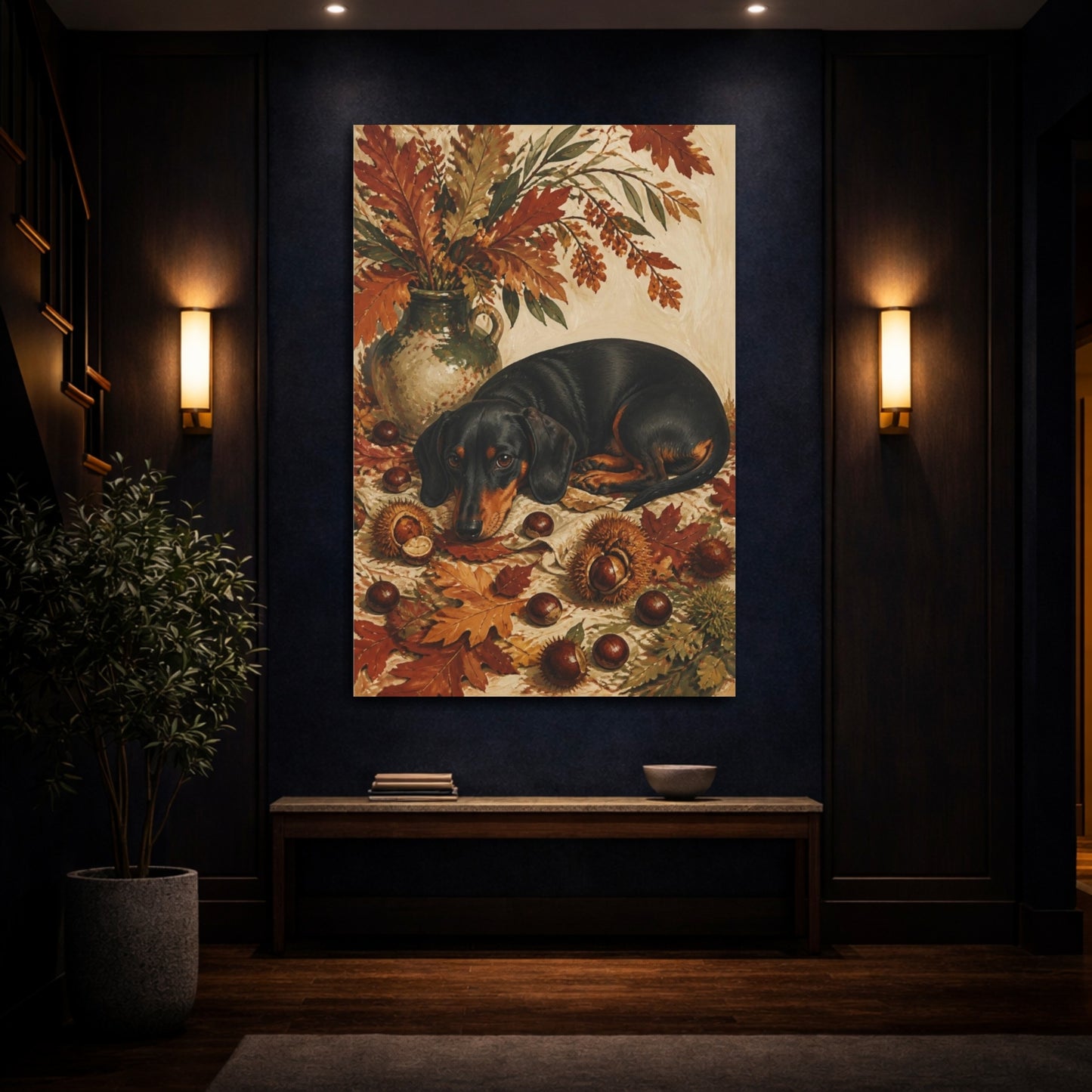 Mockup 4. Dachshund Pets In Autumn shown as canvas print