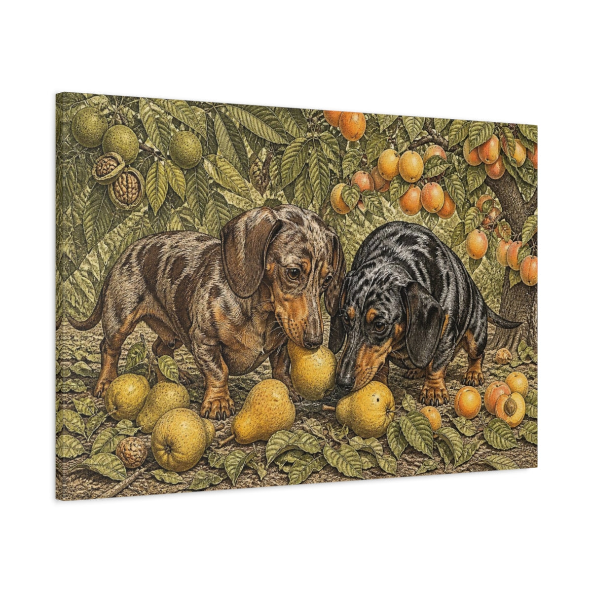 Main Mockup. Dachshund Pets In Orchard shown as canvas print