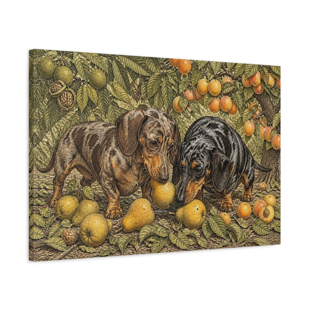 Side Mockup 2. Dachshund Pets In Orchard shown as canvas print