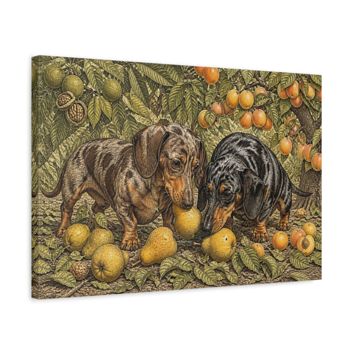 Side Mockup 3. Dachshund Pets In Orchard shown as canvas print