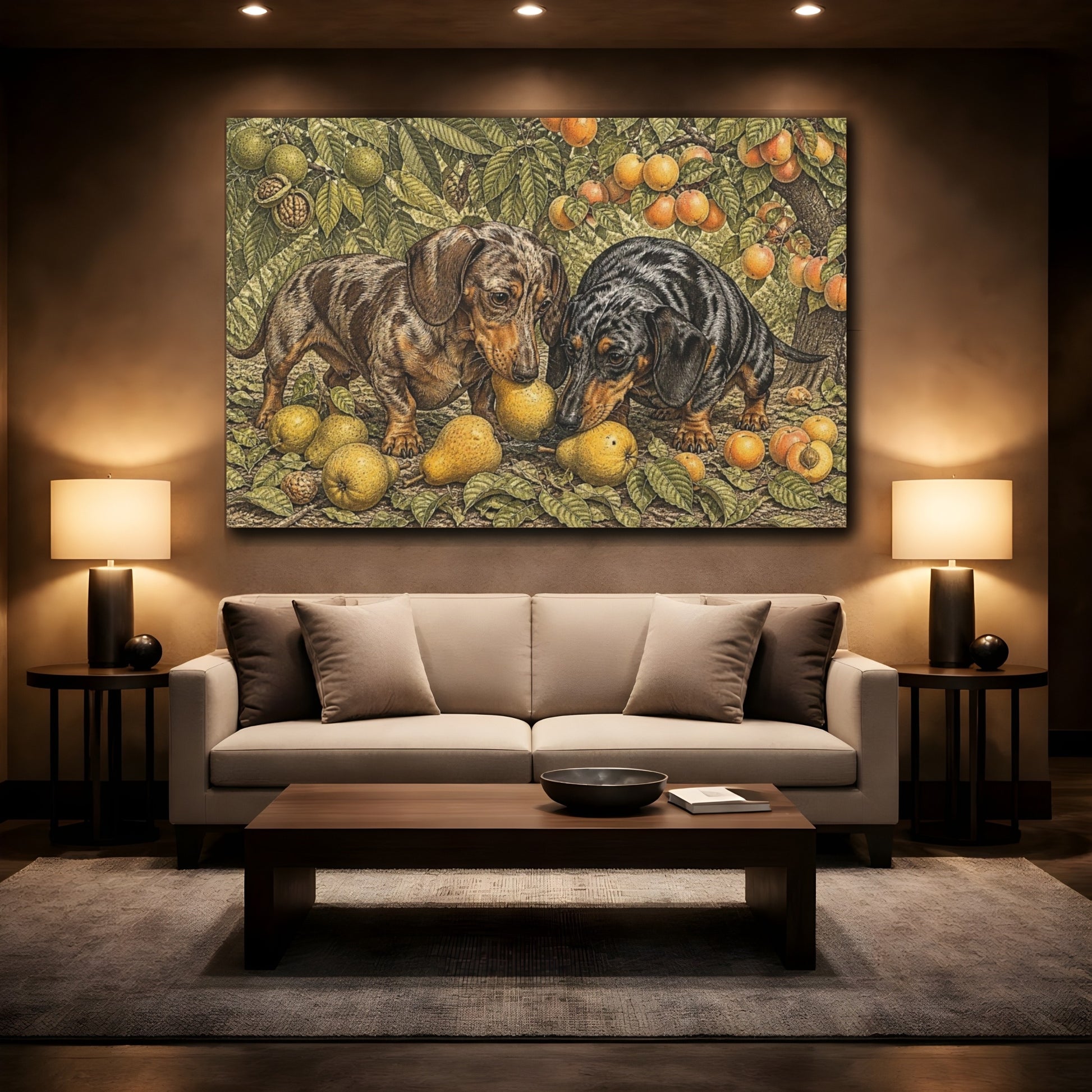 Mockup 2. Dachshund Pets In Orchard shown as canvas print