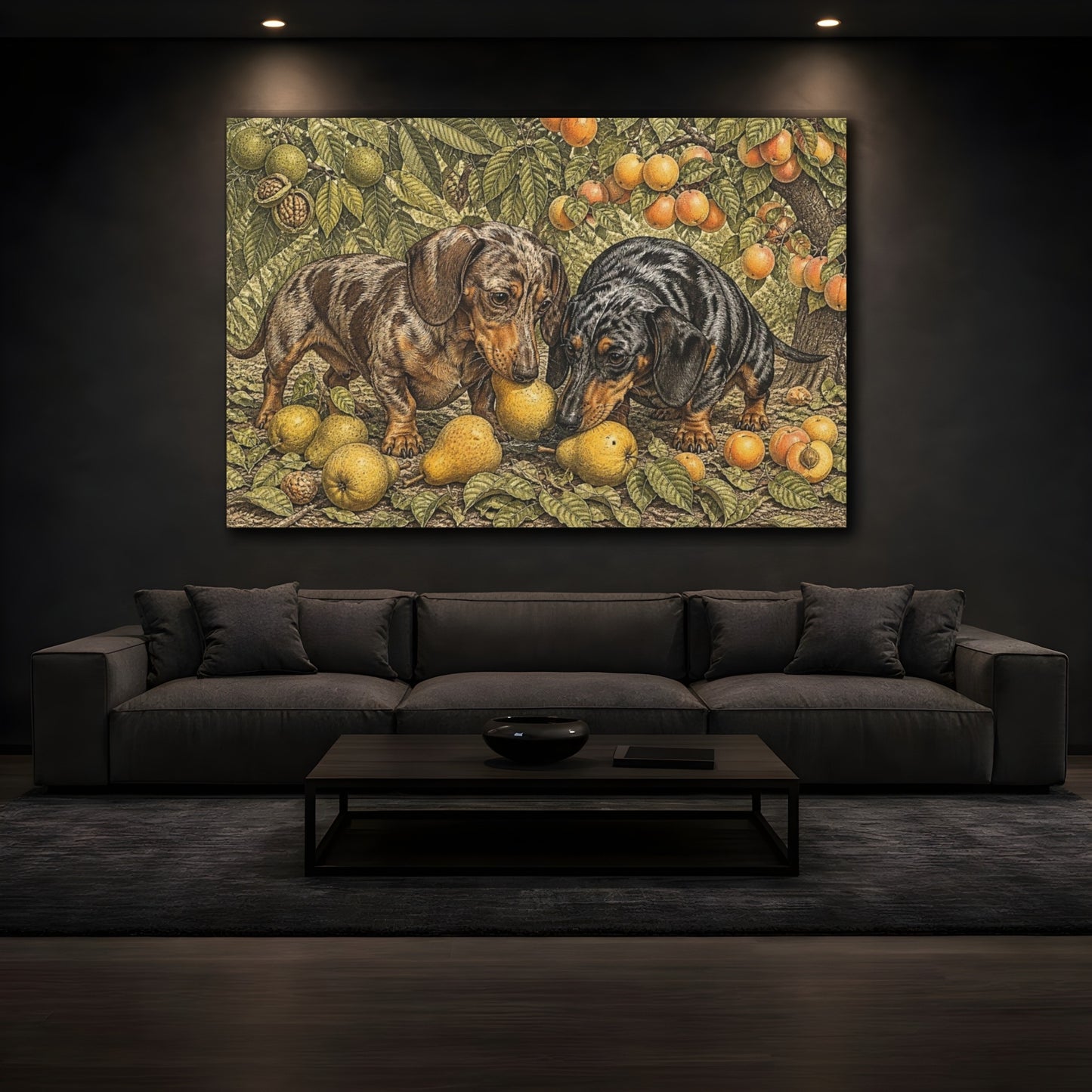 Mockup 3. Dachshund Pets In Orchard shown as canvas print